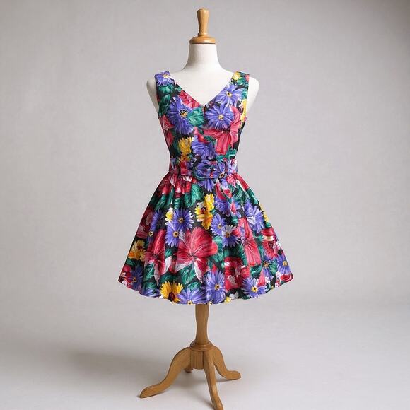 VTG All That Jazz Floral Mini Dress Sz SM Multicolored Bold Belted Fit and Flare - Picture 1 of 10